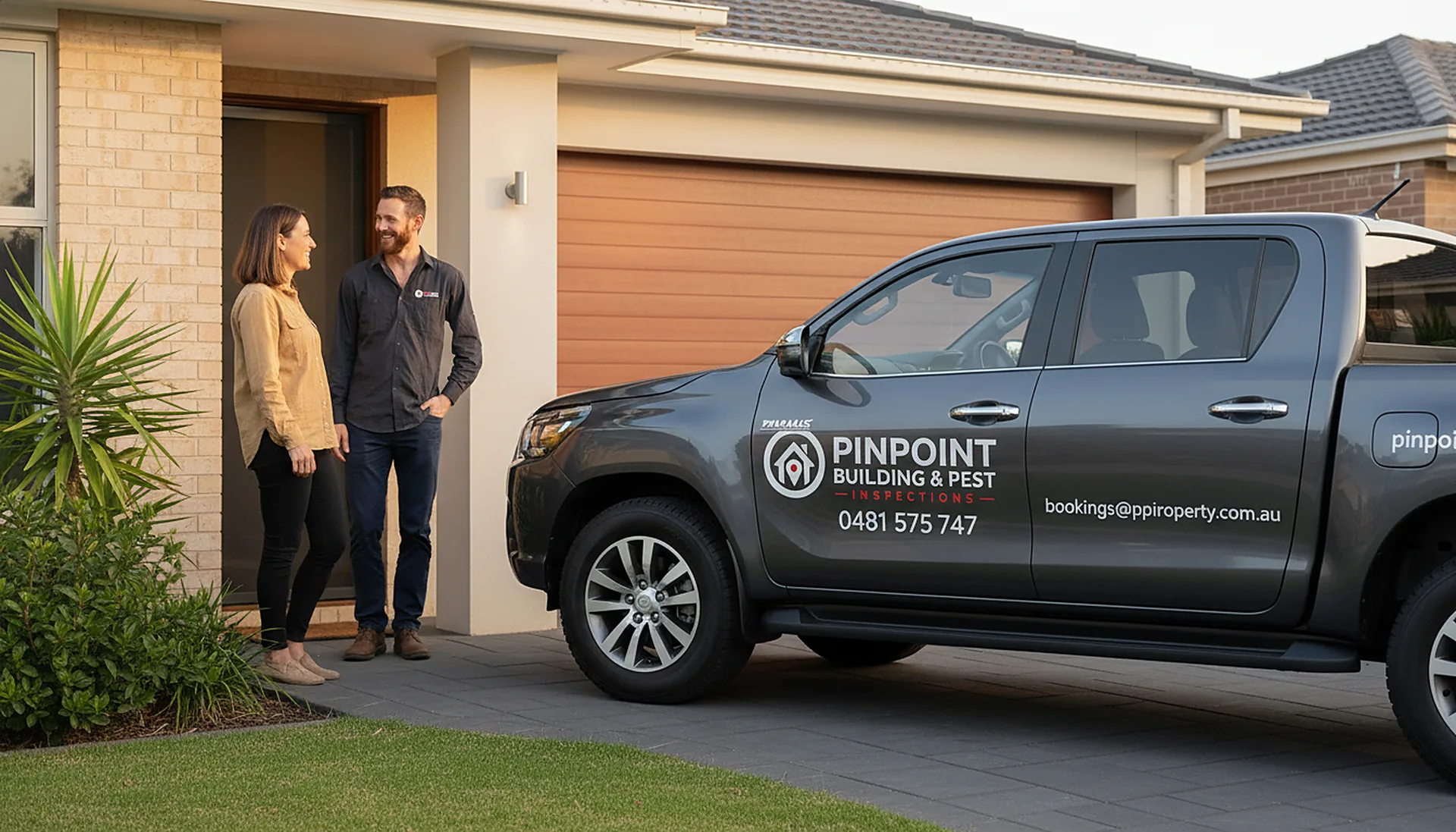 PinPoint inspector handing an inspection report to a couple at a Perth home